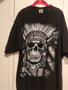 🔥Liquid Blue Black Tee with White Skull & Native Headdress Graphic